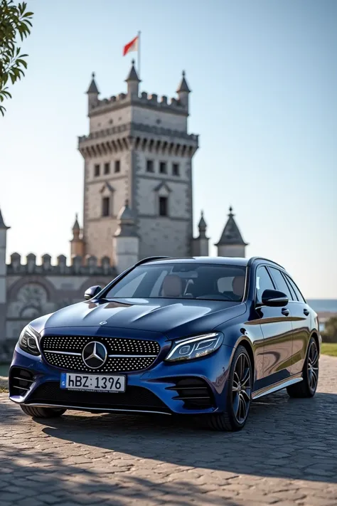 Deep blue mercedes c class station w205 near belem tower on portugal