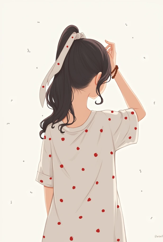 Here is a detailed prompt to create an illustration similar to the image:

Prompt:
"A minimalist digital illustration of a young girl seen from the back, with her long, wavy dark brown hair styled into a high ponytail, tied with a soft white scarf decorate...