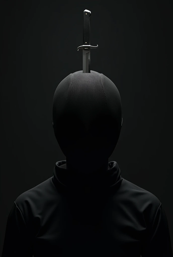 A fencing mask with a knife in the top, the knife is in the mask, and the mask is full black.