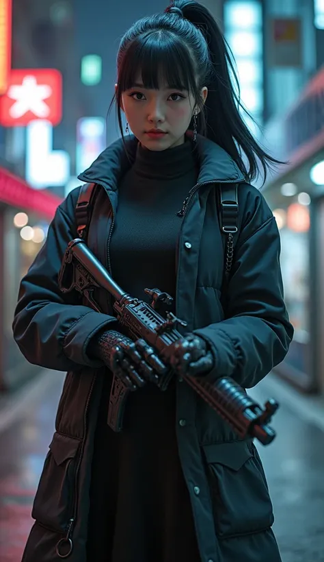 masterpiece, (Photorealsitic:1.4), Raw photo, Mechanical body arms and legs.　guns.　ponytail hair, 1 Cyborg Girl, ((super realistic details)), global　illumination, Shadow, octan render,  ultrasharp, character edge light, urban night scenery, Details of comp...