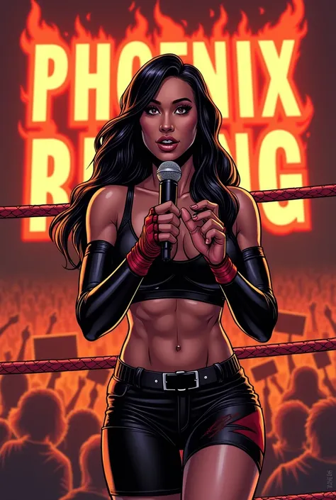  Comic book-style image of Phoenix Rising delivering a fiery promo in the ring, with bold outlines emphasizing her intensity and determination.

The scene is set in a roaring arena, the crowd eagerly watching as Phoenix Rising stands center stage. She’s dr...