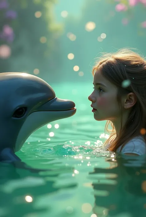  a girl and a dolphin are staring at each other、green、Purple、An ephemeral pink picture 