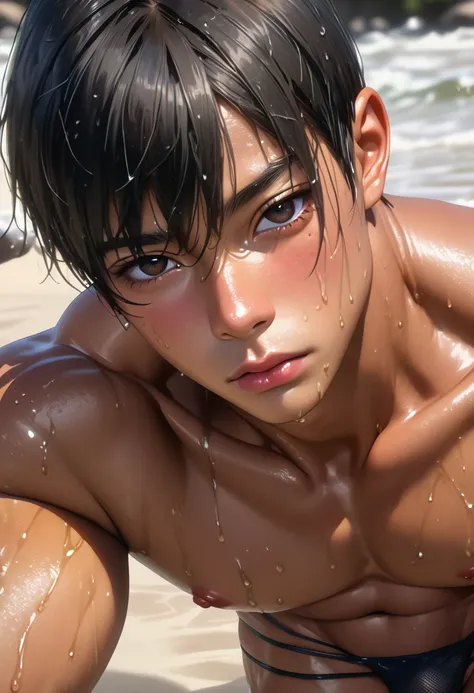 high quality, detailed, Realistic,(tanned wet japanese bimbo boy),(detailed black eyes), (black short hair), (muscle), (tanned dark brown skin),(black tiny thong), (bulge), detailed nipples, best quality, looking at viewer, best quality, 4k, 8k, highres, (...