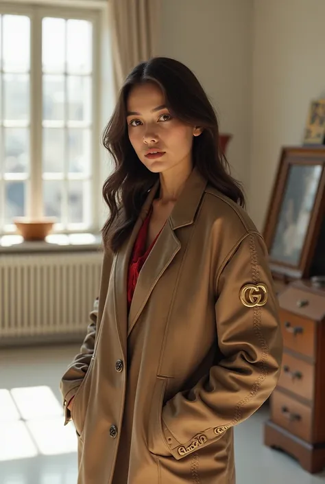 The girl is in a beautiful studio, wearing a Gucci jacket