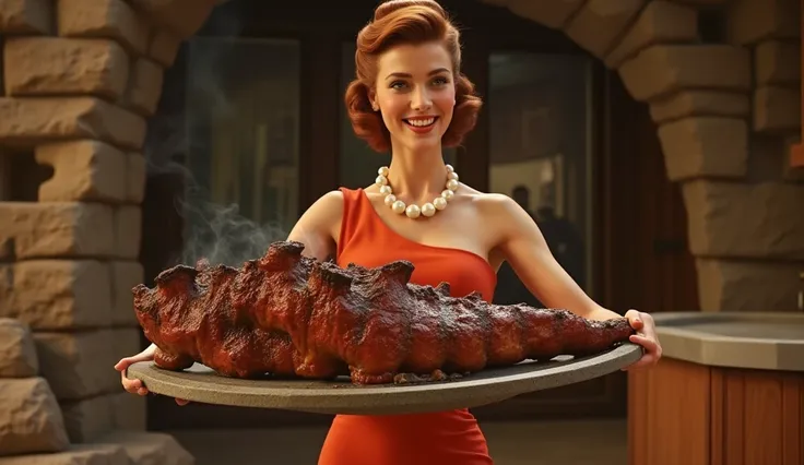 Ultra-realistic cinematic live-action Medium shot of Wilma Flintstone carrying a large stone tray with cooked dinosaur ribs, as if from a 1950s Hollywood movie. She is a stylish, elegant and very sexy woman with auburn hair styled in a high bun, soft curls...