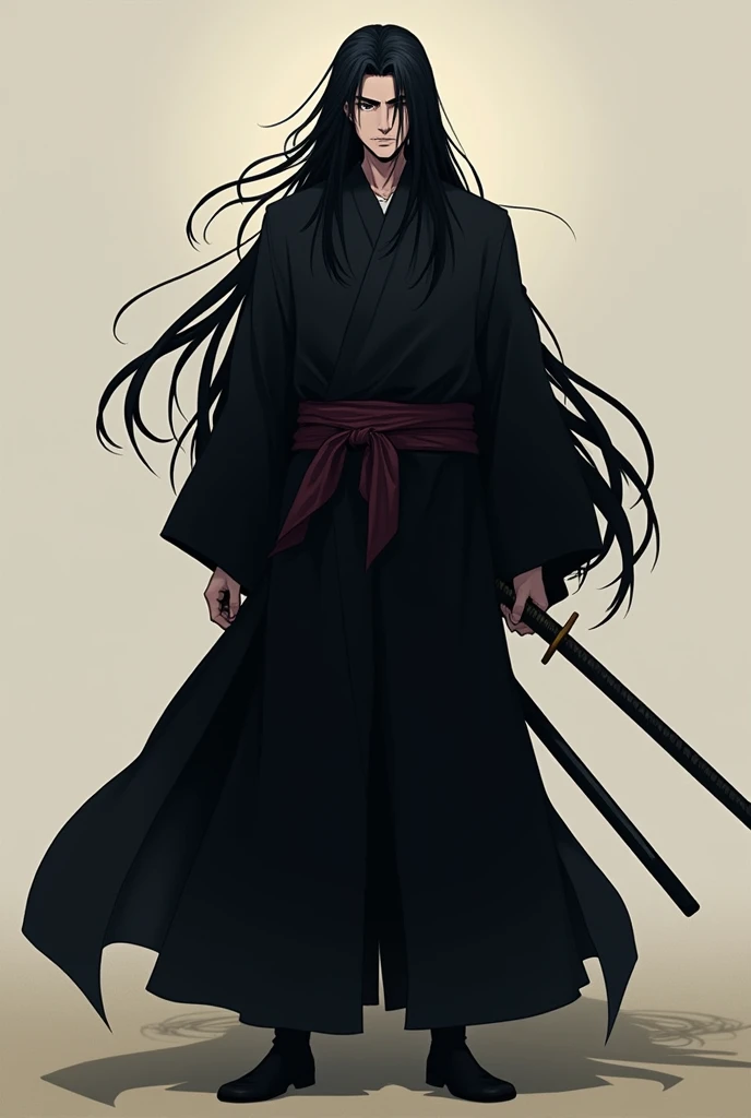  image of a man with black very long hair and a black monk-style outfit,  Hair covers eyes ,  Hijikata Toshiro  ,   inspired by Okumura Masanobu  ,  Hijikata Toshiro   of gintama,  smiles slightly , sly smile,   lustfully grins   , Jin Homura  ,  Haise Jin...