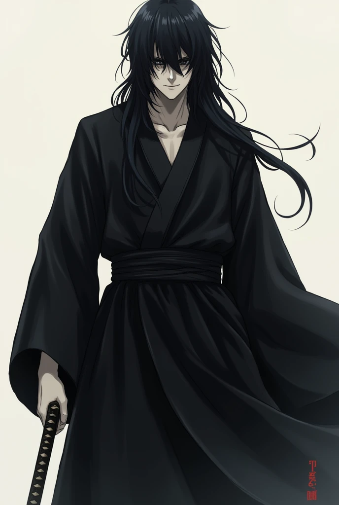  image of a man with black very long hair and a black monk-style outfit,  Hair covers eyes ,  Hijikata Toshiro  ,   inspired by Okumura Masanobu  ,  Hijikata Toshiro   of gintama,  smiles slightly , sly smile,   lustfully grins   , Jin Homura  ,  Haise Jin...