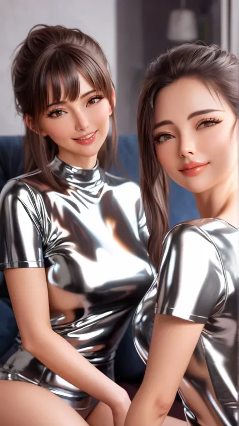  Mom and daughter ,  masterpiece, Lens reflection, Reflected light, In extremely tight shiny dark silver latex blouse with t-shirt,  high resolution , Make-up,  seductive smile , Are in the apartment and sitting on the couch ,Necktie,  brown hair , Bangs, ...