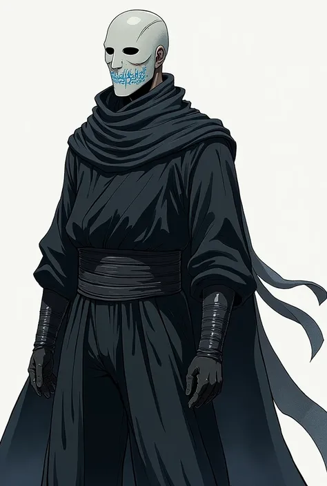 Laki laki dewasa. wears a mask of white to ash ash and there is a blue color stripe shaped like ancient writing and plain there is no mouth decoration. wears very closed clothing . wears a thick robe that covers the body .wears a scarf . wears long sleeves...