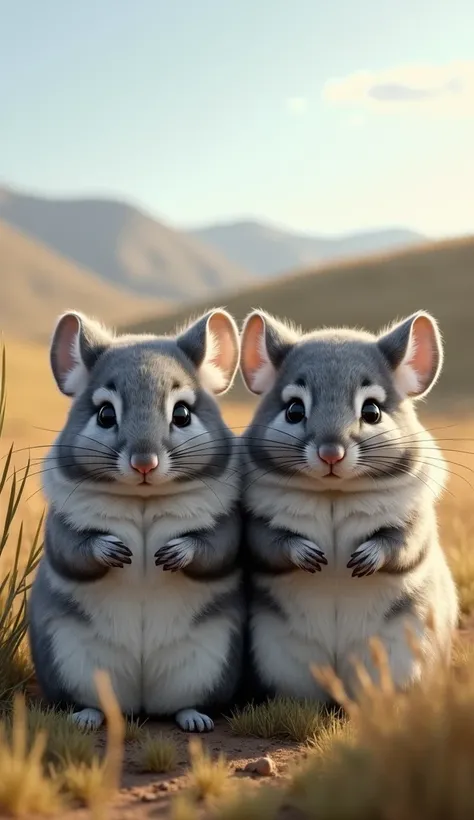 Real chinchillas　 standing on two legs facing the front　 background prairie 