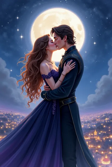 Full-body realistic watercolor illustration of Feyre Archeron and Rhysand kissing under the stars of Velaris. Feyre, with her long wavy brown hair and an elegant black dress with violet details, is in the arms of Rhysand, who holds her tenderly. Rhysand is...