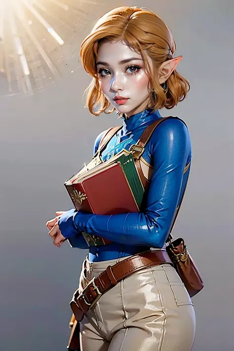 Princess Zelda,  1 girl,  Artists Request , belt,  blonde hair, blue  shirt, Books,  boots, Expressionless, whole body, Green Eyes,  high definition ,  viewers who can see through their bust,  magic , Nintendo, pants, pointy ears,  shirt,  short hair, simp...