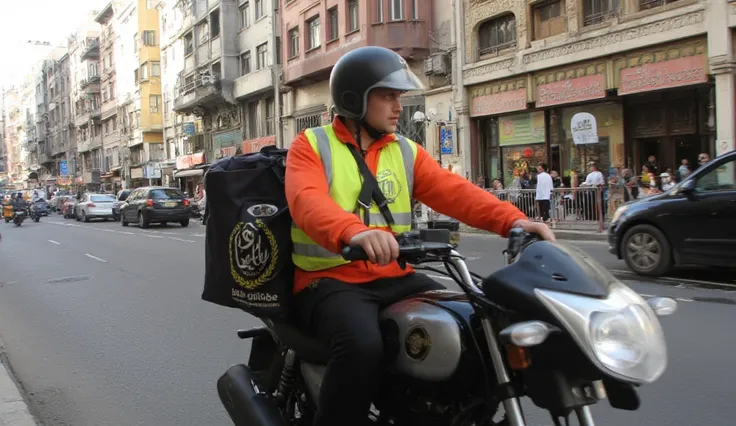 The image shows a delivery person riding a motorbike. The person is holding a thermal bag that is branded with the name "Betty Cuisine." The background features a street scene from Cairo.