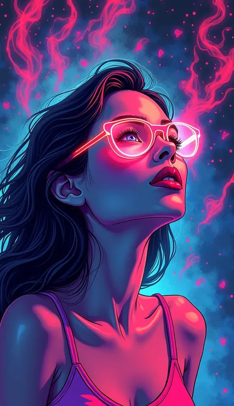 bold neon colors, cartoon style illustration of a woman as she sees the world while experiencing hallucinations, stoned, splash art, splashed neon colors, (iridiscent glowy smoke) ((motion effects)), best quality, wallpaper art, UHD, centered image, MSchif...