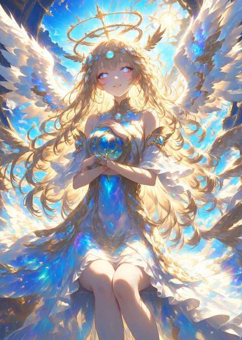  Masterpiece, high quality, high resolution, 16k, animated, detailed background, hyperrealistic, digital painting, fantasy, heavenly world view, angel girl, shimmering outfit, long shiny hair, angel ring, white eyes, long eyelashes, clean skin, clean legs,...