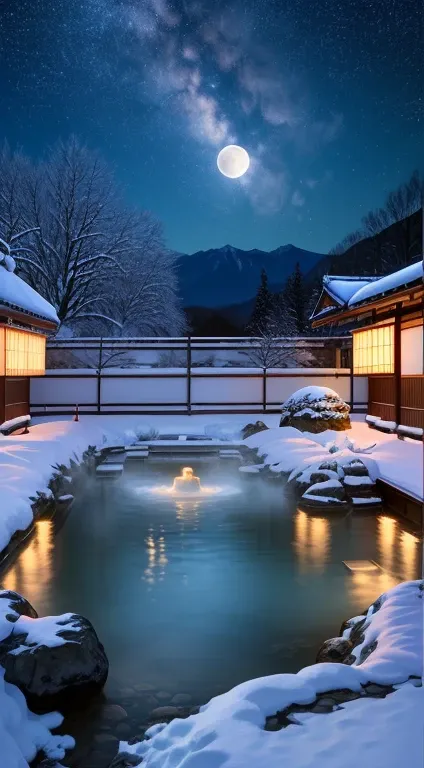  Japanese Hot Springs 、Rock open-air bath、 Big outdoor bath 、Late at night、snowy landscape 、full moon、Milky Way Galaxy、 sky full of stars、With ultra-high image quality and ultra-high resolution photos taken by a professional photographer、Steam rising from ...