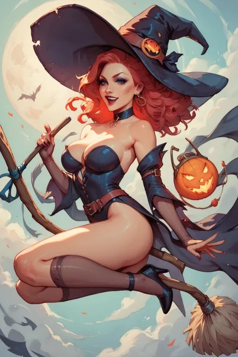 red-haired witch woman , desnuda,  flying on a broom