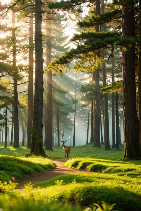  morning forest with the highest fog 。Soft light on the tree々Insert between、 The bright green moss spreads on the ground 。 the air is cool and clear 、Distant Tree々 is thinly blurry at the back of the forest 。 the branches and leaves swaying in the wind mak...