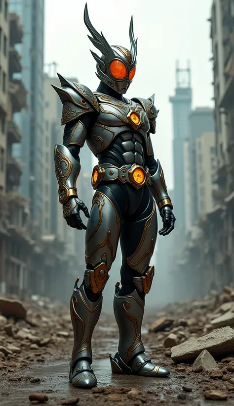 kamen rider, Indonesia ,gatotkaca warrior style, In the ruined city 