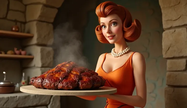 Ultra-realistic cinematic live-action Medium shot of Wilma Flintstone carrying a large stone tray with cooked dinosaur ribs, as if from a 1950s Hollywood movie. She is a stylish, elegant and very sexy woman with auburn hair styled in a high bun, soft curls...