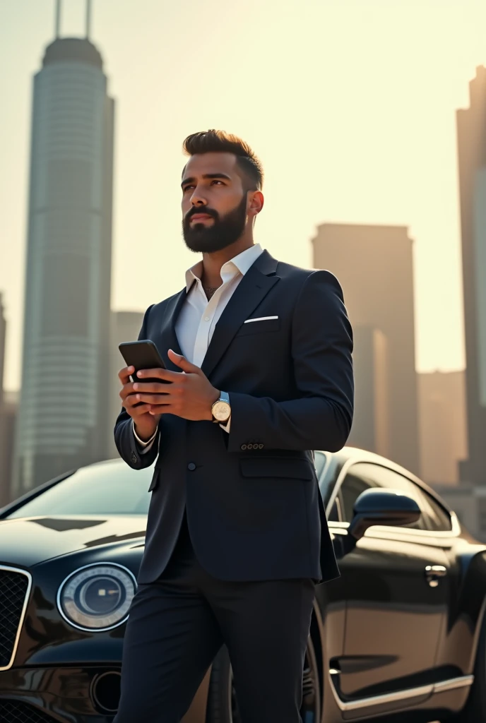 Book cover 29-year-old man beard for short hair stylish very well dressed holding a cell phone luxury car day city buildings sun