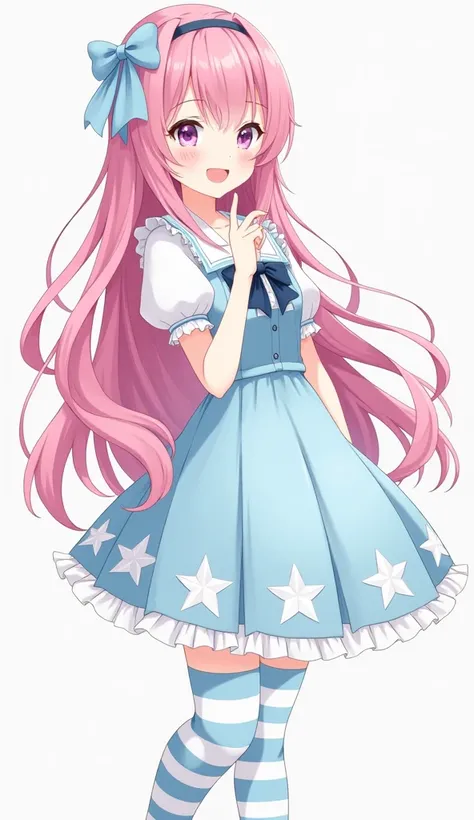  super high definition 、 girl、 high school girl、Senior High School Student、 pink hair、 long hair、Light blue hair clip、 private clothes、 Lolita Dress、Hand next to mouth 、look back、Candy Country、 standing、light blue and white horizontal striped long socks、 a...