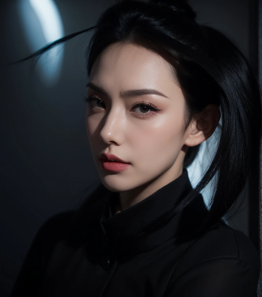 black hair, short ponytail, Widow Peak , angel halo, Devil&#39;s Horns, Multi-colored eyes, Pointed ears, Smile, young people, concept art, realism, chiaroscuro,  is anatomically correct,  Textured skin 