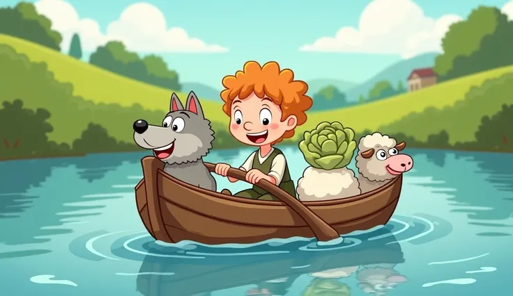 Little Shepherd Boy， crossing the river in a boat with wolf, sheep and cabbage， cartoon style 