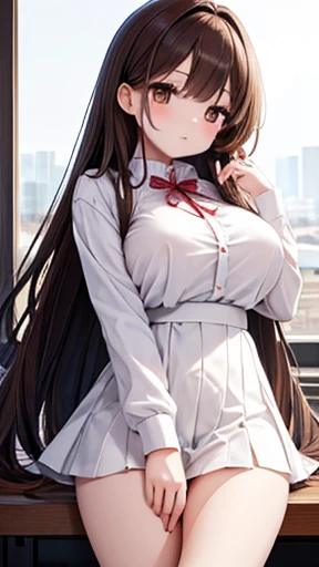 there is nothing、​masterpiece、Chizuru Ichinose、 brown hair、I、For women、 Dressed in clothes 、 detailed background、 detailed eyes on board、（（ brown eyes））,beautiful and perfect legs, Clean and perfect hands, big breasts、 long hair、