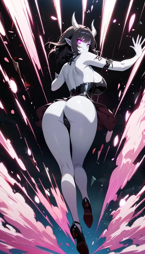 1girl, demon girl, large breasts, short black hair, purple eyes, (hips),(Pose showing buttocks to viewers), ((porcelain white skin)), cherry blossoms background, (top quality, masterpiece, high resolution, detailed), anime style, black eyeliner, (glowing e...