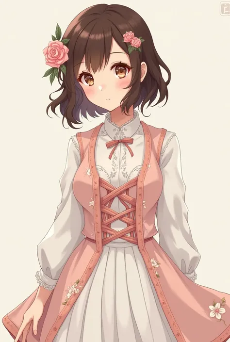  A girl with wavy brown hair and brown eyes ,  wears a lolita-style outfit with Chinese design elements .   It consists of a white blouse with long sleeves and puffy cuffs ,  a light pink vest with embroidered floral details and a bow at the waist, and a w...