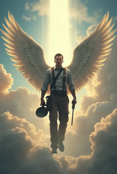 Male Engineer with wings go to heaven, bring siren & screw driver in his hand, from back perspectif
