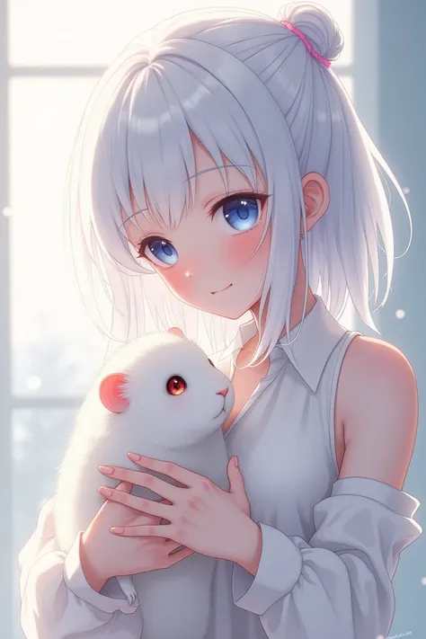 an anime girl with white hair and blue eyes in a white shirt holds a white fluffy guinea pig with red eyes