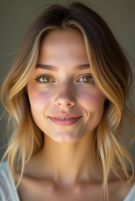 A hyper-realistic portrait of a young woman, 18 years old, with a fair complexion and natural, soft features that exude youth and innocence. Her hair is a medium-length, golden blonde with a natural shine, styled in loose waves that frame her delicate face...