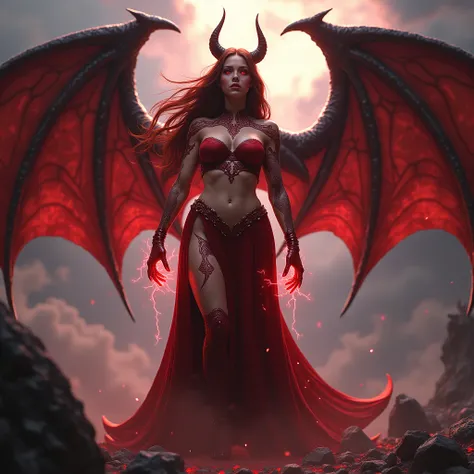 Scarlet Witch in the style of demons, Dragon Wings, Breasts, Huge Big Massive Breasts, Slim Waist, Big Wide Hips, Exposed Belly And Curvy Thighs,