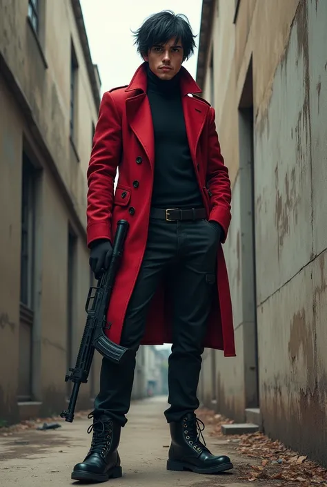 1 man athletic black hair, large and toned legs, wall, in the background an abandoned building
INFO 2D animation 
, (dressed in a red overcoat, black pants and tactical boots holding an ak47)