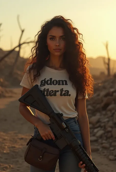 (photorealism:1.2), beautiful, long curly hair, outdoor, soft light, army, thanks giving, bring weapon, war background, GDOM letter ta shirt