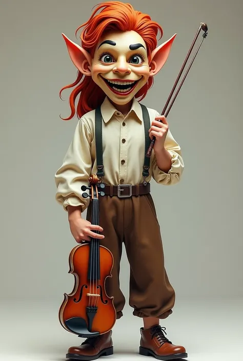  Make a half-elf with red hair and happy Greek mask covering all over his face.  He has a white dress shirt with buttons , brown pants and shoes and he wears a violin .