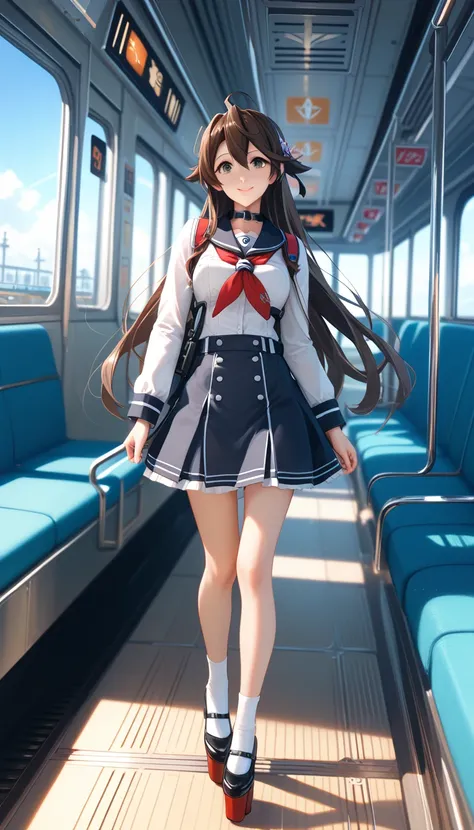 (date:20241127, By:JouliosJack) anime girl with long hair walking on a train platform, kantai collection style, railgun, konpeki no kantai, kantai collection arcade, kancolle, makoto shinkai style, anime visual of a cute girl, makoto shinkai art style, bea...