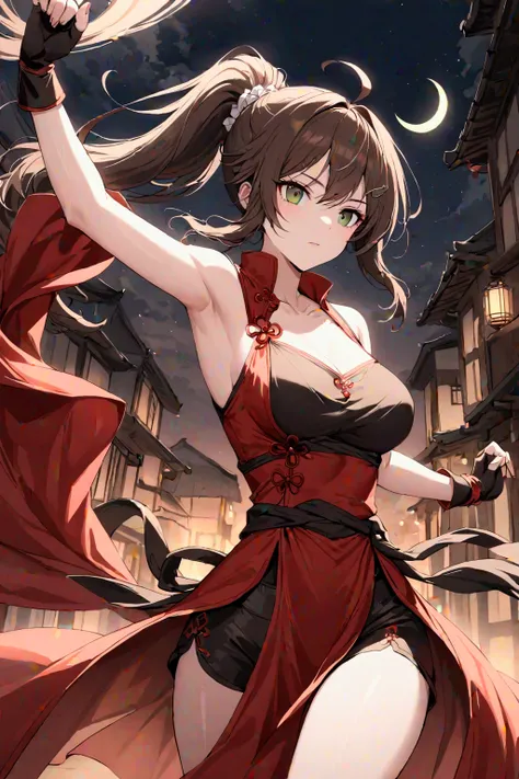 　 ponytail　  dark brown hair　 Oblique Eyes 　active　 Exposing shoulders　  Chest Slightly Open 　 thighs without bare neck　 Breasts are normal　Combat Uniform　 Dark Brown Eyes 　 Red Front Drape at Waist　Fingerless gloves　Ahoge　 long bangs 　The face of determin...