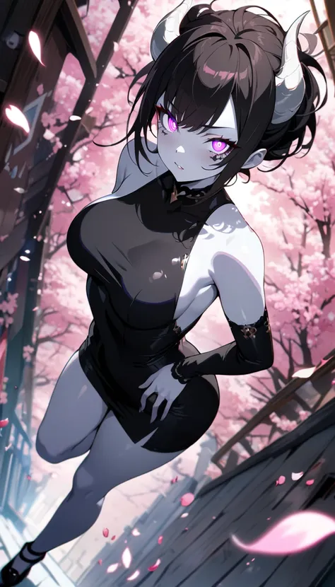 1girl, demon girl, large breasts, short black hair, purple eyes, (hips),(Pose showing buttocks to viewers), ((porcelain white skin)), cherry blossoms background, (top quality, masterpiece, high resolution, detailed), anime style, black eyeliner, (glowing e...