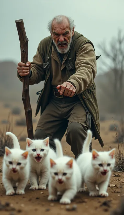 An old man drives away white kittens by hitting them with a stick.