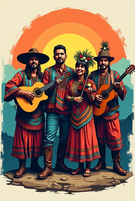  You can generate a logo for a musical group made up of a guitar, Battery, Violin and vocalist of Bolivian folklore