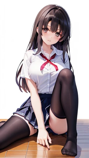 (8k、 Max Image、  best quality 、  Masterpiece )、 tall girl 、((whole body))、 Sit on the floor with your legs spread out 、 white pants visible 、 long hair、White collar shirt、Short sleeve、(( plaid pleated mini skirt))、 Classroom Background 、(( black tights))、 ...