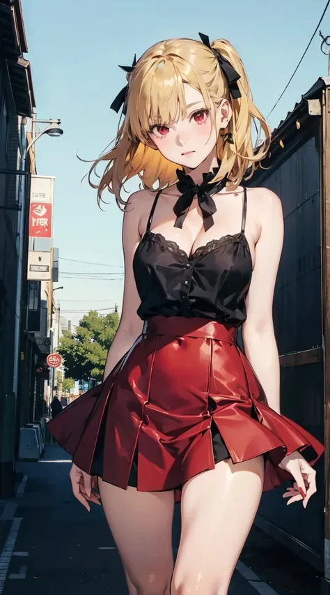 an anime style girl, 1girl, solo, red eyes, blonde hair, medium hair, hair ribbon, black ribbon, very cute clothes, mini skirt,  cleavage, looking at viewer