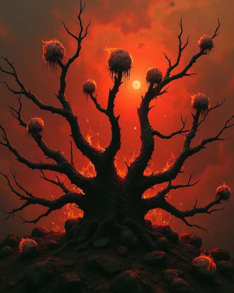 A stark and intense representation of bitter and burning fruits, with dark, twisted branches bearing shriveled, unpleasant fruits. The fruits are small, discolored, and surrounded by harsh, fiery elements. In the background, a deep red and orange sky refle...