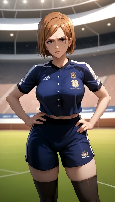 kugisaki nobaraXL, Tall girl, Fit girl,score_9, score_8_up, score_7_up, score_6_up, uncensored, kugisaki_nobara, short hair, brown hair ,huge breast, soccer uniform, Barcelona uniform, short pants, ber short pants, black stockings, hand on hip, v pose, Han...