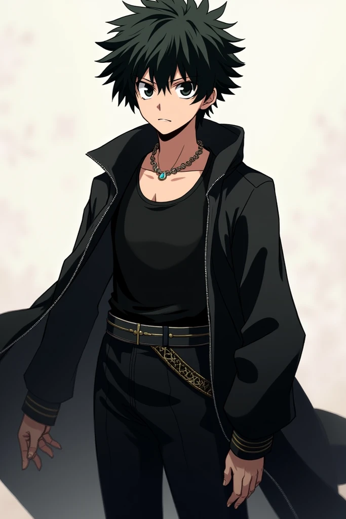 MHA ART STYLE,Black short hair, Black eyes, wearing Black robe and Black Tank top 