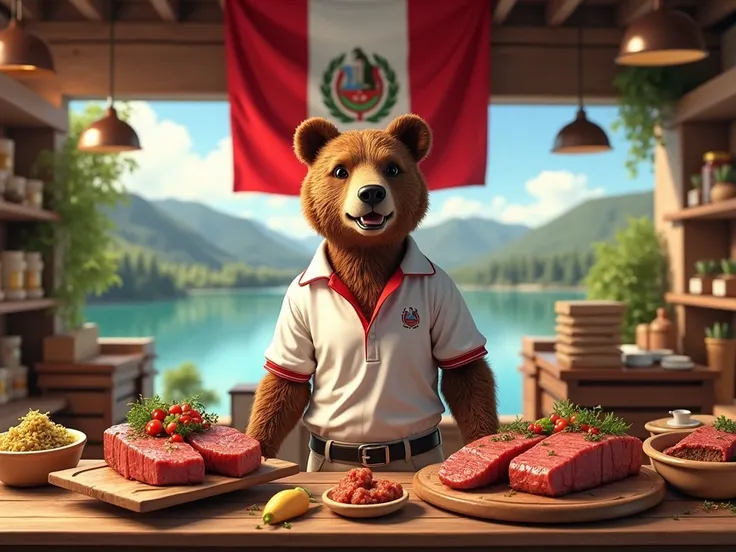 Polo bear with the Peruvian flag,  flag of Peru promoting trout steaks in their store located near Realistic Lake