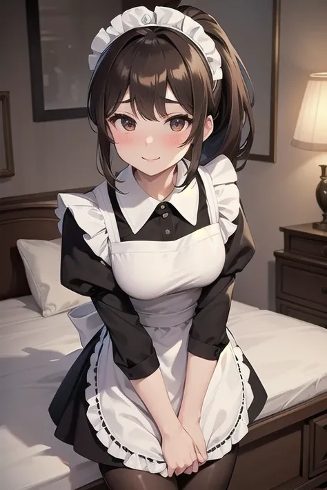 masterpiece、 best quality、beautiful、Fine Lines、 24 year old female、 brown hair、 ponytail、 Brown Eyes 、smile、blush、Pale lips、Maid、Long apron、 black pantyhose 、bedroom、Maid立ち、How to stand neatly、 from the front、maid headdress, Frill apron,big eyes,voluptuous...